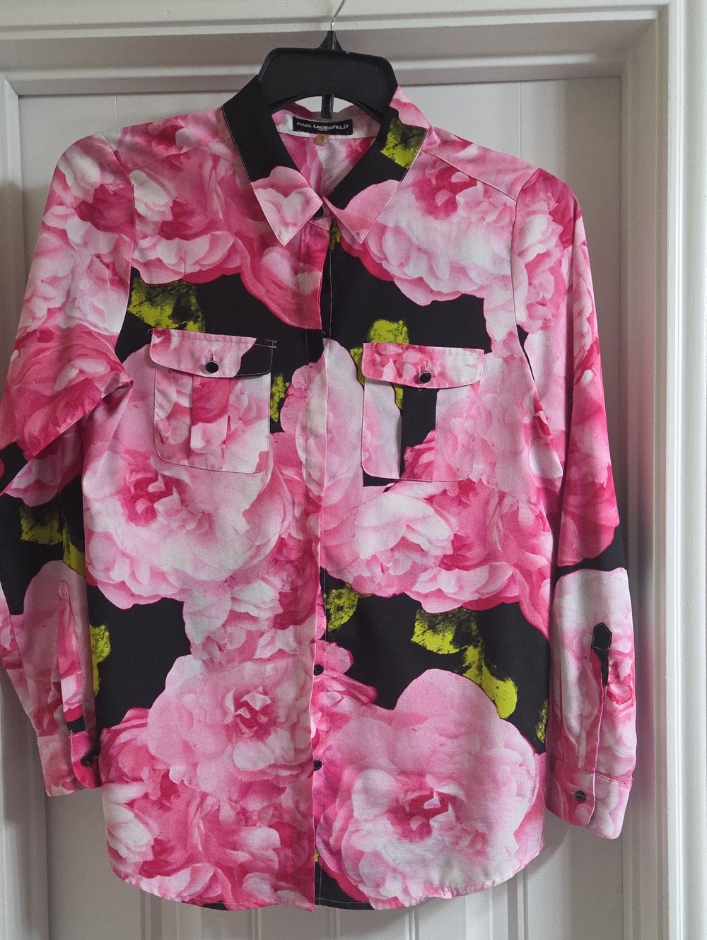 Karl Lagerfeld Pink Floral Button-Down Shirt with Black Accents